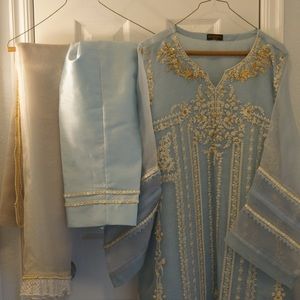 Three piece (shirt pant and scarf ) embroidery on shirt and pant fancy wear